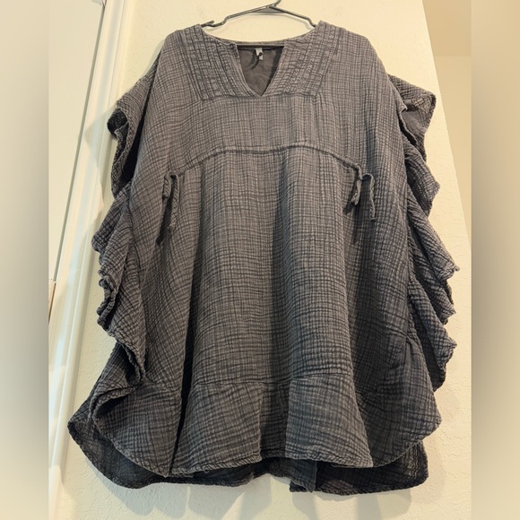 Anthropologie Black Distressed Ruffle Cinch Tunic Mini Dress Womens Size Small M - Picture 3 of 10